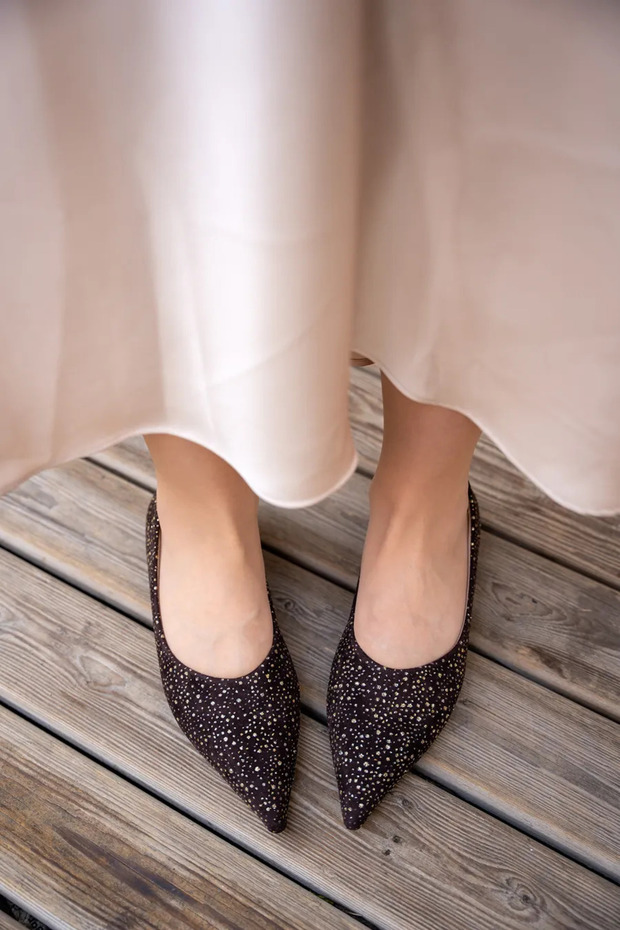 Castle Bitter-Brown Suede Galaxy Gold Detailed Suede Women's Ballerinas