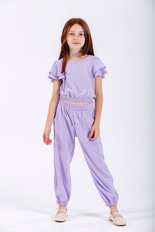 Crew Neck Paca Elastic Lilac Color Girls' Two-Piece Set