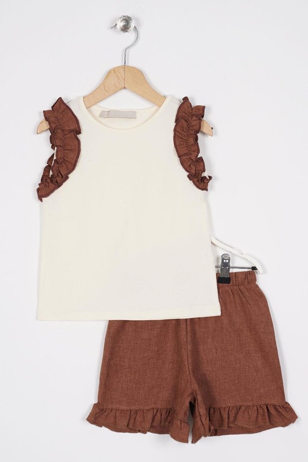 Crew Neck Zero Sleeve Ruffle Shorts Ecru Brown Color Girls' Double Set