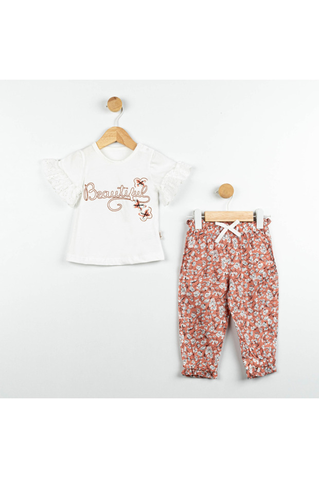 Baby Girl White Sleeve Scalloped Floral Trousers Set
