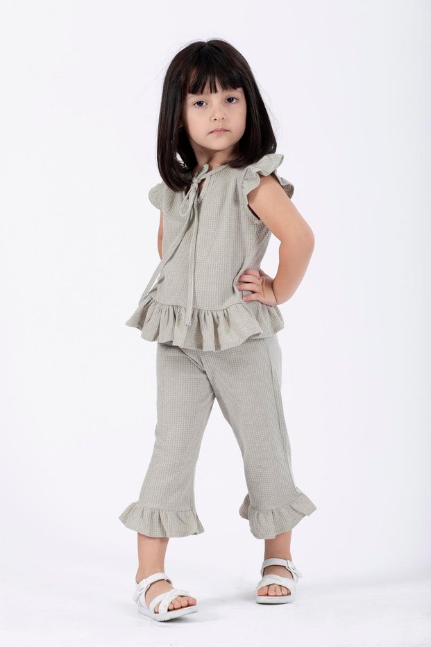 Crew Neck Short Sleeve Waffel Paca Frilly Double Suit Cagla Green Color Girl's Double Suit