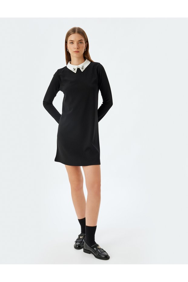 Shirt Collar Jewelled Mini Dress Long Sleeve Crepe Scuba Fabric