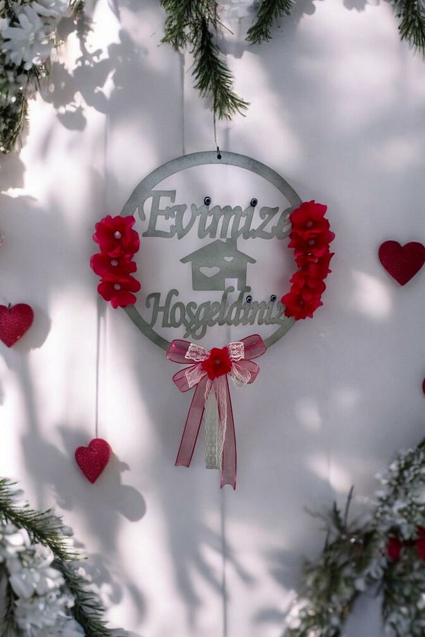 Evimize Hoşgeldiniz Ahşap Çiçekli Kapı Süsü - 1