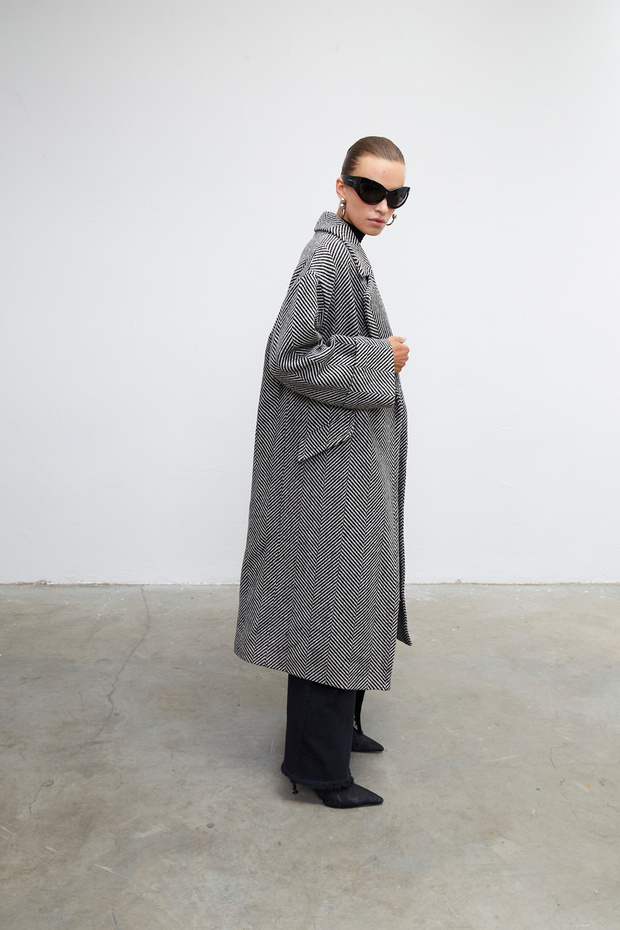 Herringbone Patterned Double Breasted Wool Coat - 5