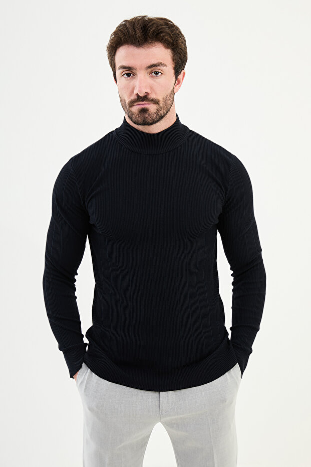 Striped Slim Fit Half Turtleneck Men's Knitwear Sweater Navy Blue - 11504.24K