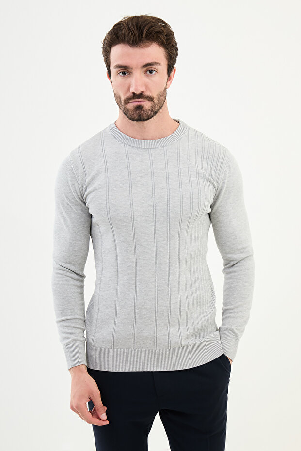 Striped Slim Fit Crew Neck Men's Knitwear Sweater Light Gray - 11507.24K