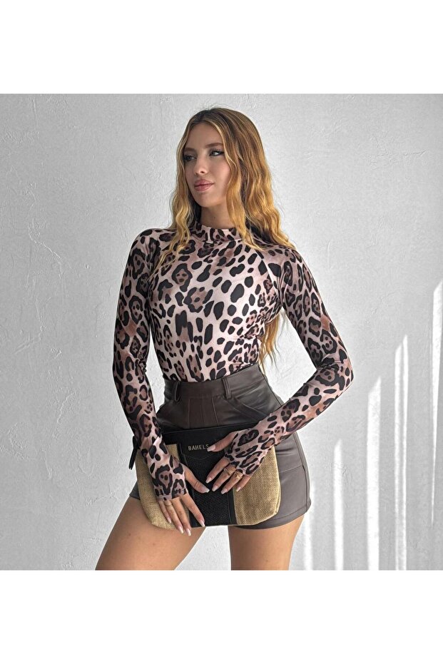 Women's Finger-Patterned Leopard Patterned Long Sleeve Body