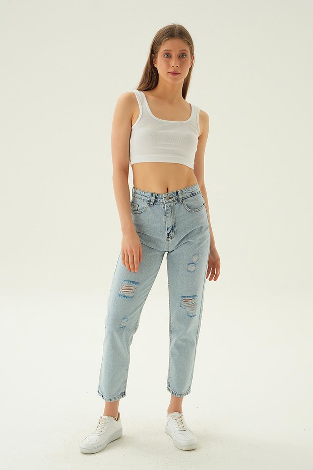 Ice Torn Detail Mom Jeans 11123