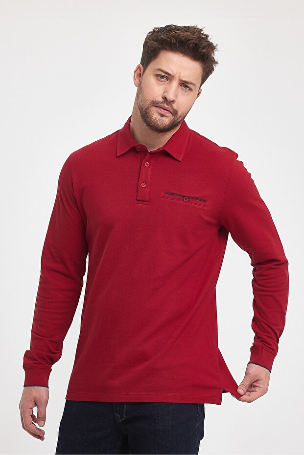 Men's Long Basic Polo Neck Red Sweatshirt with Pockets - 1