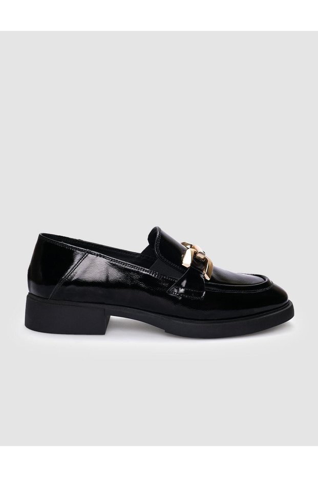 100% Genuine Leather Black Patent Leather Buckle Women's Casual Shoes