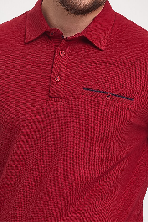 Men's Long Basic Polo Neck Red Sweatshirt with Pockets - 2