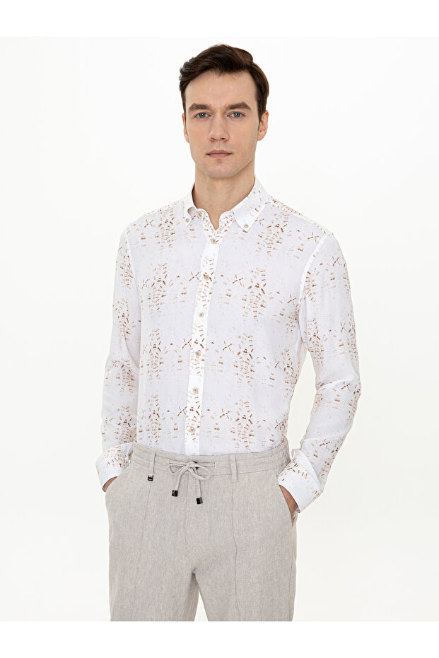 Beige Slim Fit Long Sleeve Shirt 50247574-VR011