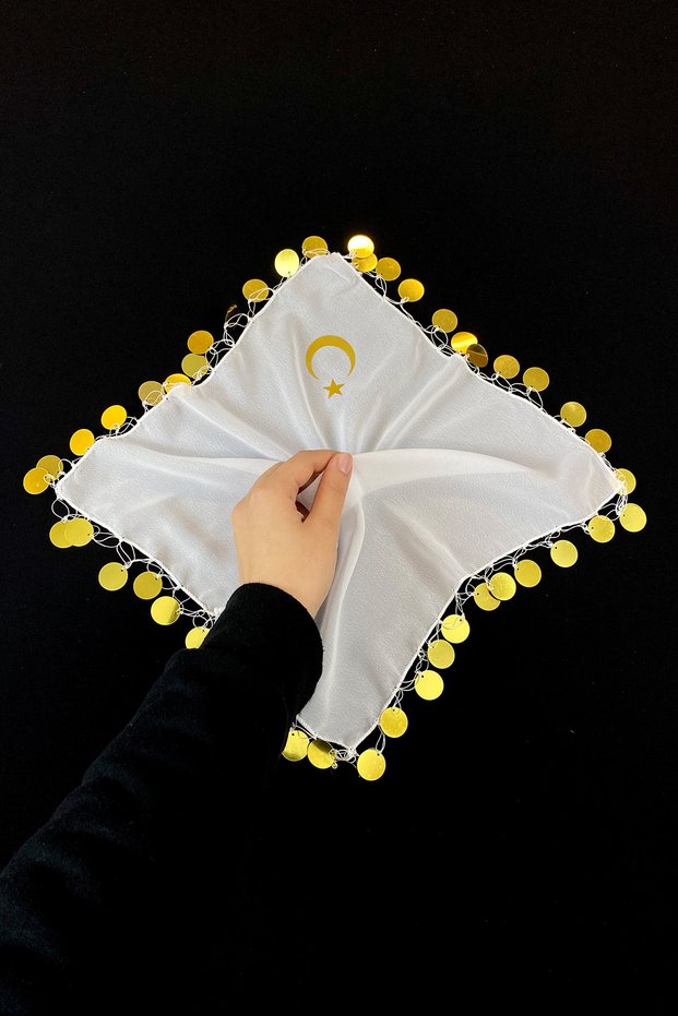 Bride Groom Crescent and Star Printed Chiffon Halay Handkerchief, Wedding Henna Promise Engagement Circumcision, White Gold 1 Piece