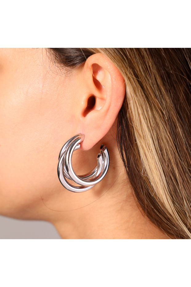 Steel Women's Earrings, Three Rows Half Hoop Earrings, Silver Color, No:69