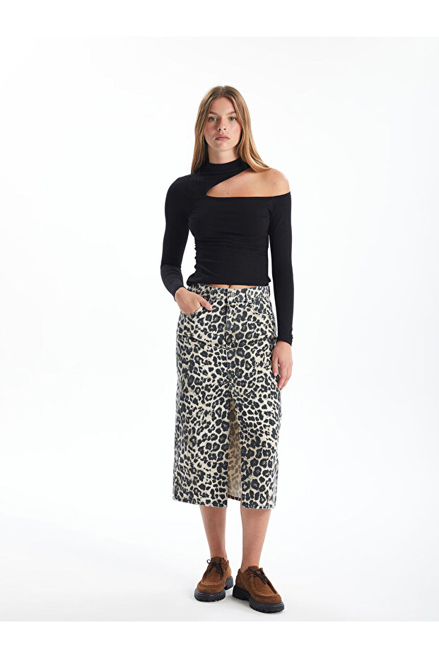 Alita City Lcw Vision Beige Denim Leopard Midi Women's Jean Skirt with a Difference