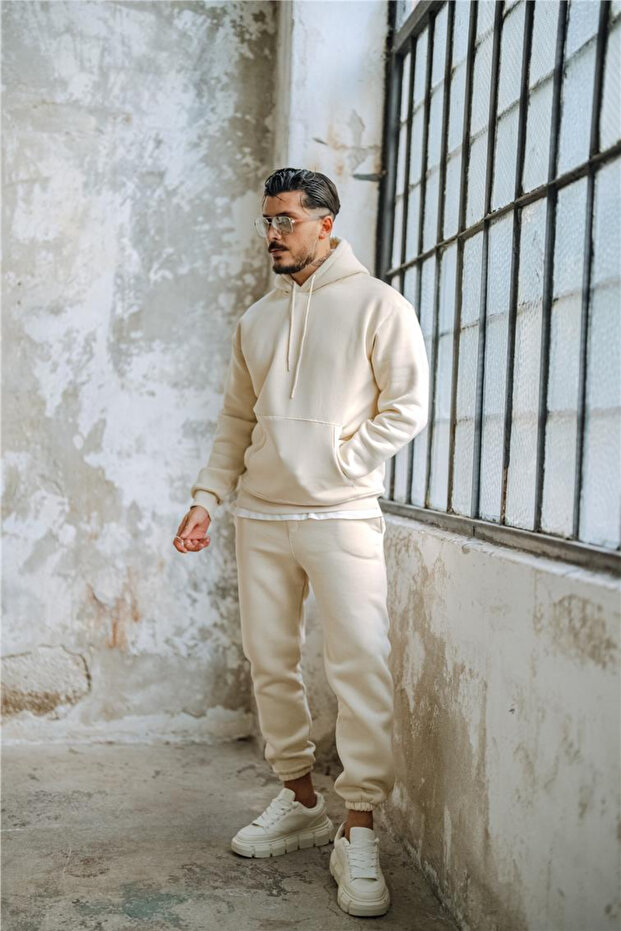Men's Hooded Oversize 3 Thread Ribbed Elastic Leg Tracksuit Set