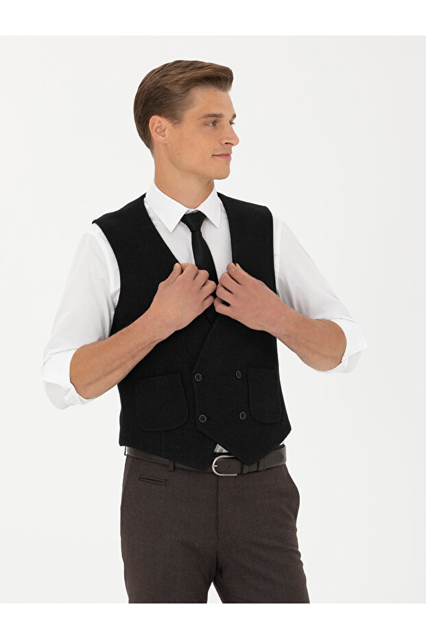 Black Slim Fit Wool Blended Striped Classic Vest 50276508 -Vr046