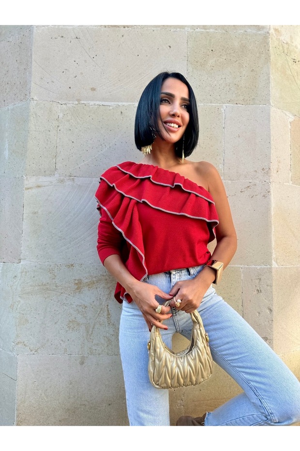 Tek Omuz Volanlı Triko - 4