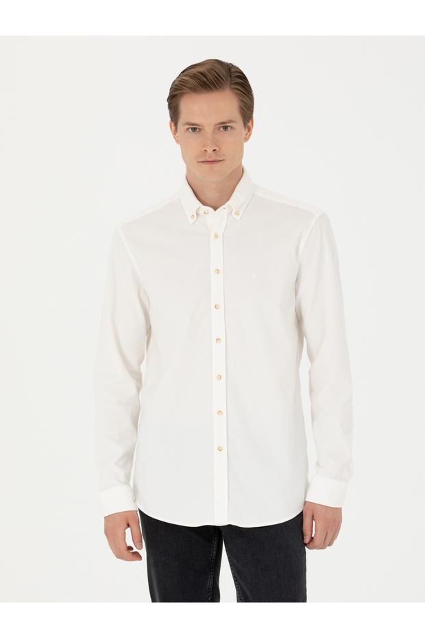 Ekru Regular Fit Uzun Kollu Kadife Gömlek 50278523-VR019 - 3
