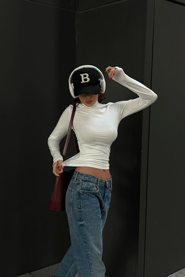 Dik Yaka Uzun Kollu Basic Bluz Ekru - 3