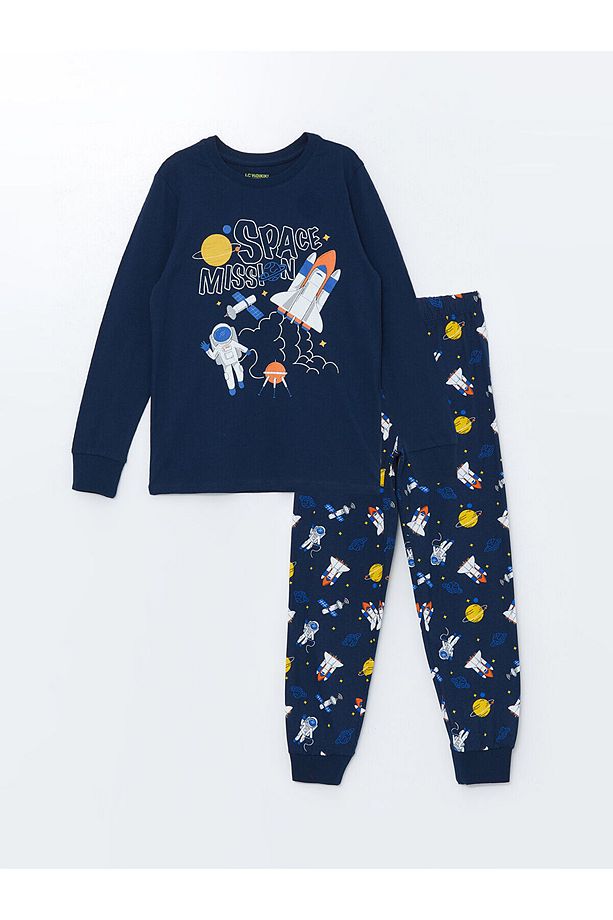 Lcwk Bisiklet Yaka Baskılı Uzun Kollu Erkek Çocuk Pijama Takımı - 1