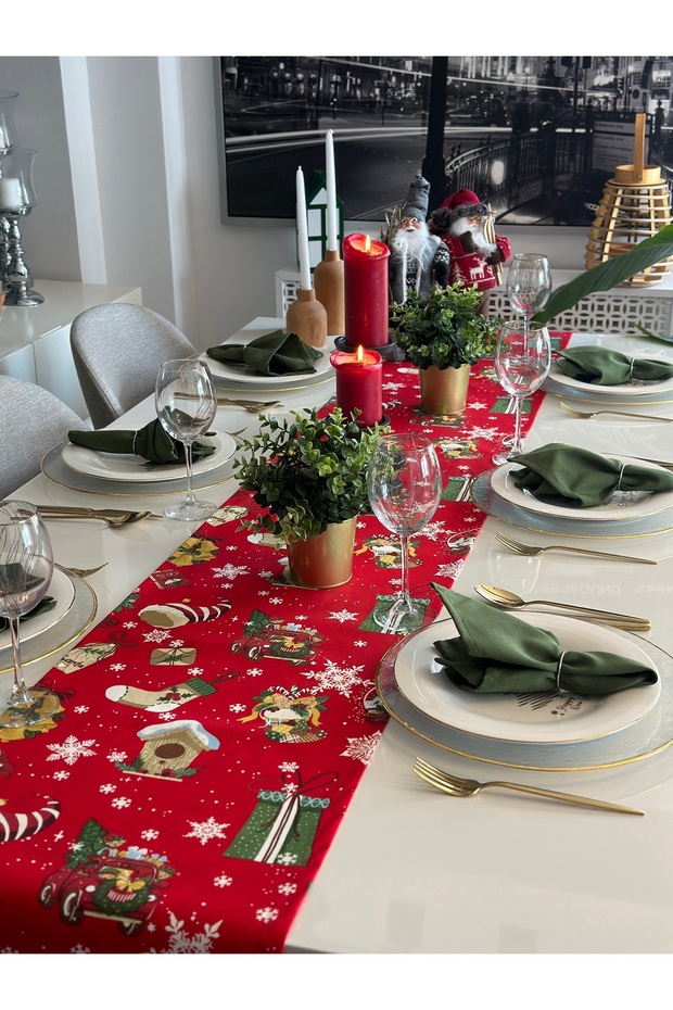 New Year Themed Red and Green Figured Runner Christmas Table New Year's Table Runner (Napkin Not Included)