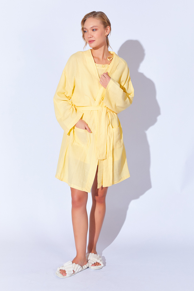 100% Organic Cotton Muslin Washable Dressing Gown Kimono Yellow | Mkw359976-01