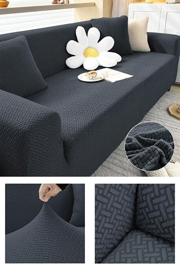 Streç Lastikli Jakarlı 3 Kişilik Koltuk Kılıfı Lastikli Koltuk Örtüsü Koltuk Örtüsü Çekyat Örtüsü - 1