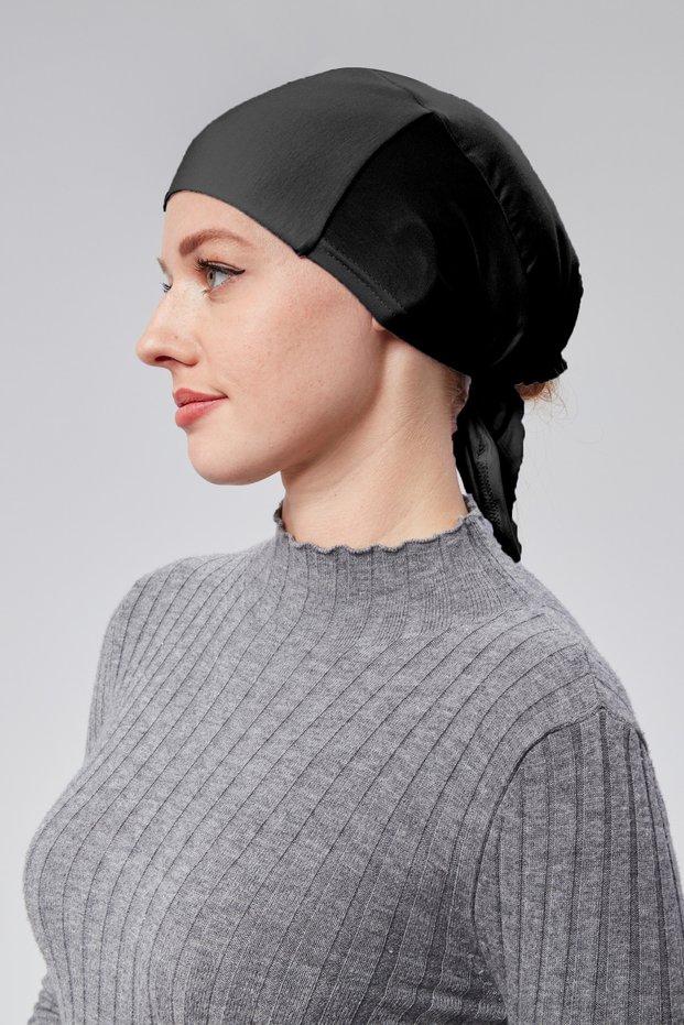 Women's Hijab Lycra Combed Cotton Seamless Non-Slip Flat Tie Bonnet Black