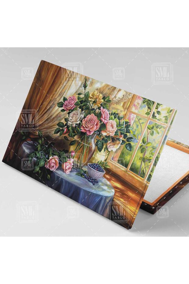 Pencere Önünde Vazodaki Güller Vazo Saksı Yaban Mersini Çiçek Gül Yatay Kanvas Tablo - 2