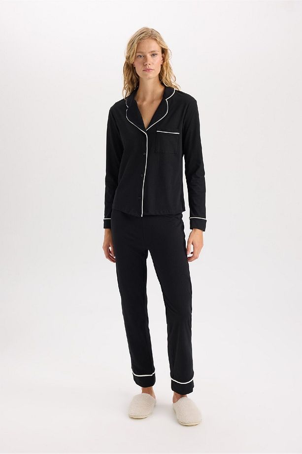 Fall In Love Pijama Takım Düğmeli Basic Düz Uzun Kollu Üst Beli Lastikli Alt D6846ax24au - 2