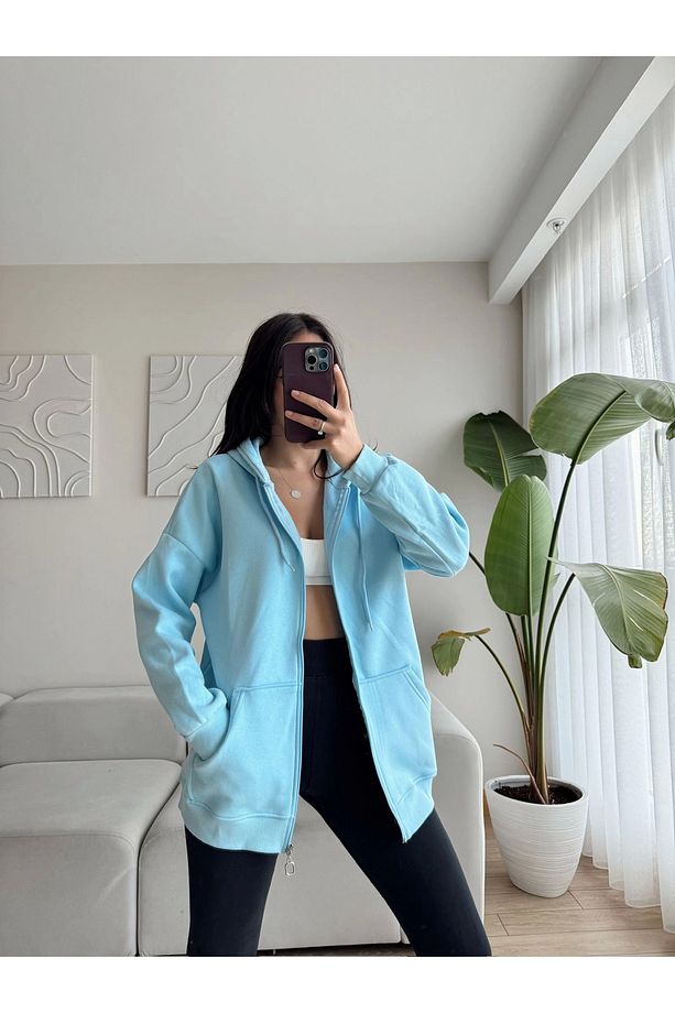 Kapüşonlu Oversize Hırka - BEBE MAVİSİ - 5