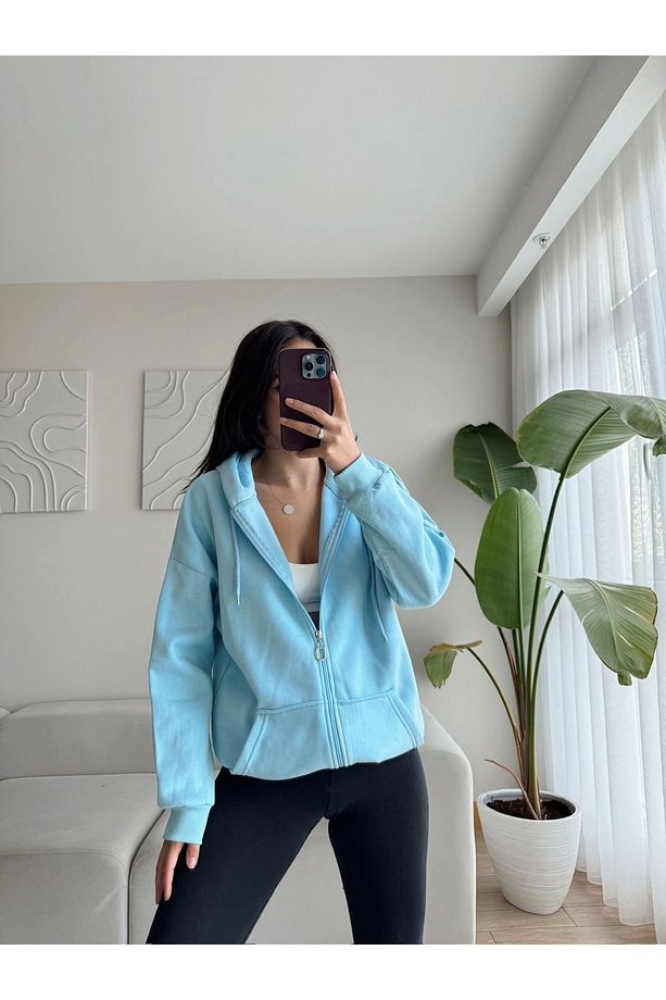 Kapüşonlu Oversize Hırka - BEBE MAVİSİ - 4