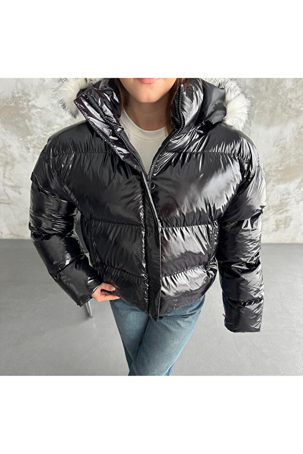 Black Hooded Plush Shiny Bomber Puffer Jacket