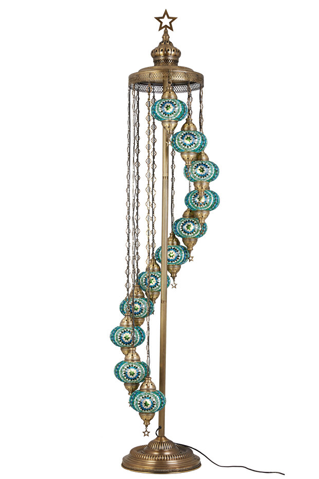 El Yapımı Otantik Mozaik Renkli Cam Lambader Taban Lambası Ayaklı Lambader 11 Camlı 2.1 Metre - 2