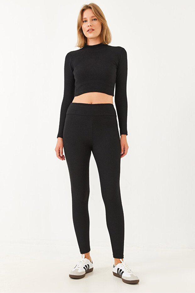 Women's Black Tights Crop Bottom-Top Set 149 60251869