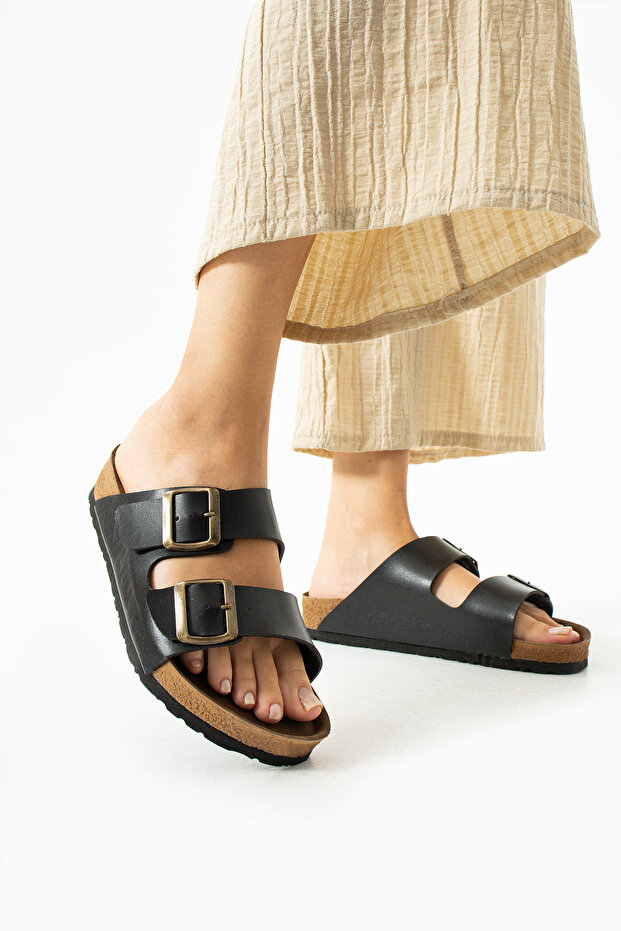 Zion Comfortable Double Buckle Black Unisex Daily Slippers