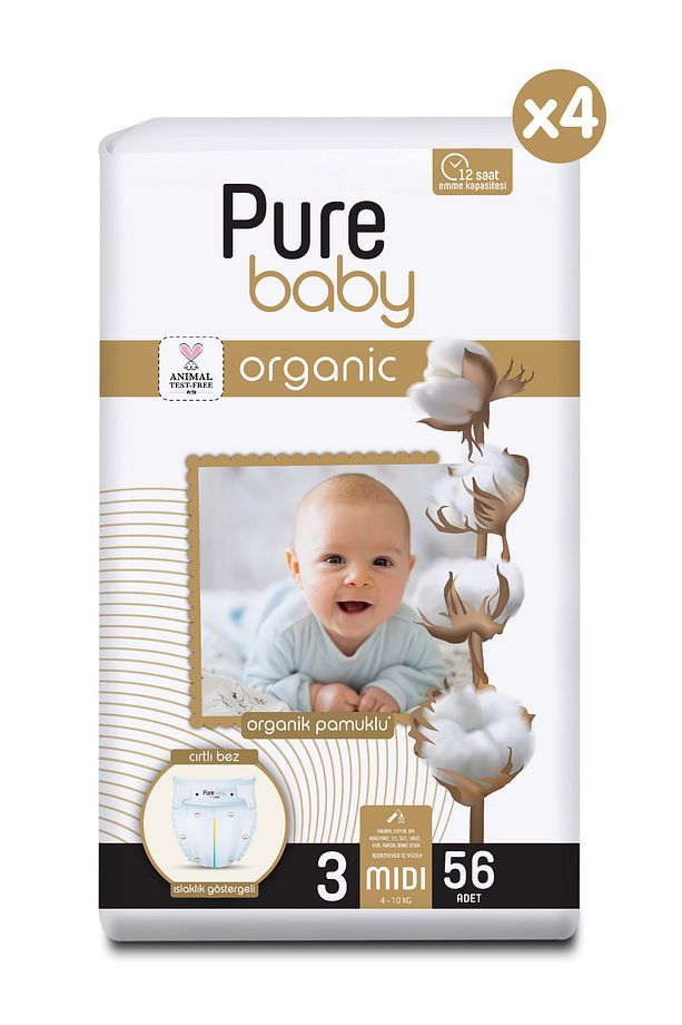 Organik Pamuklu Cırtlı Bez 4'lü Paket 3 Numara Midi 224 Adet - 3