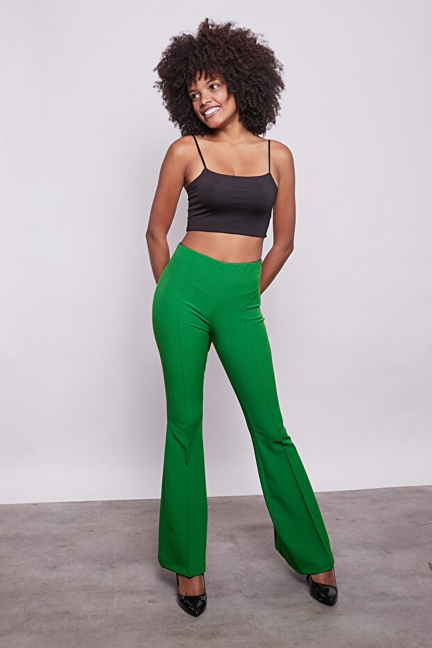 High Waist Front and Back Stitched Flare Leg Leggings Lycra Fabric Trousers-benetton Green