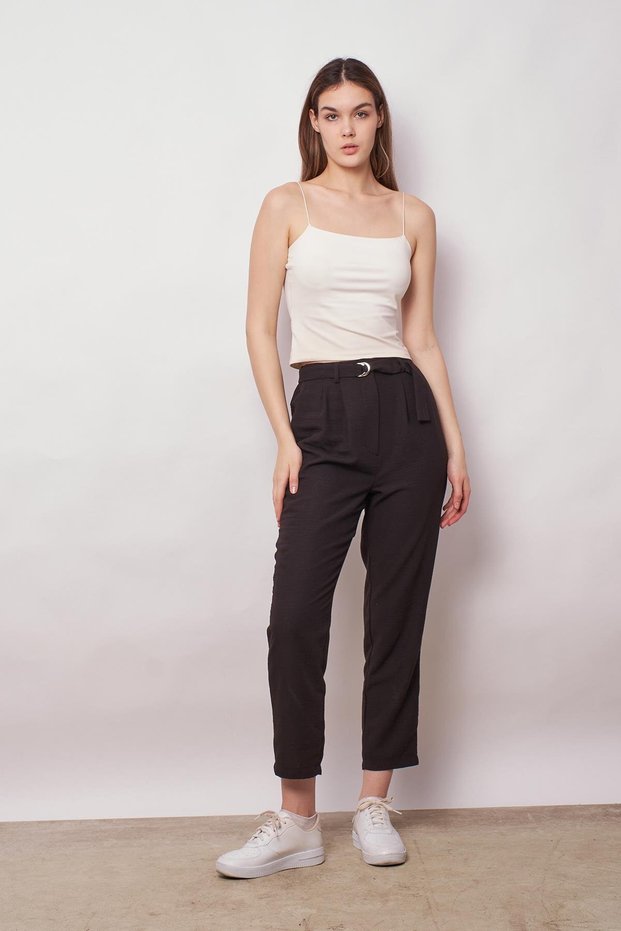 Linen High Waist Pleated Elastic Waist Belted Boyfriend Pants-Black