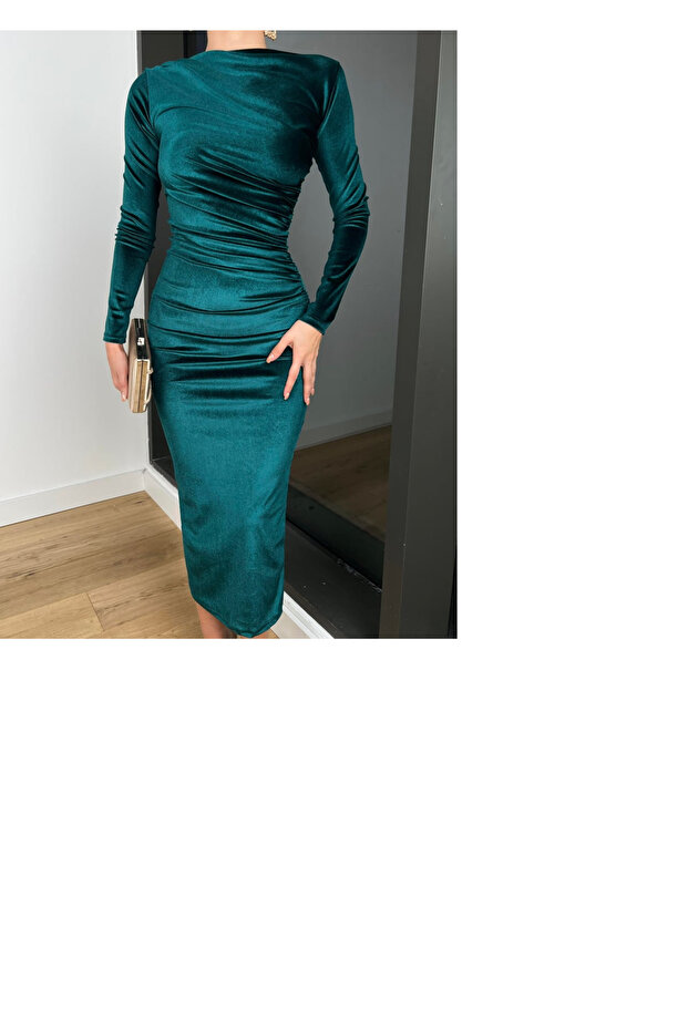 NŐI hosszú ujjú Malenkov bársony ruha drapériás részletekkel - 1