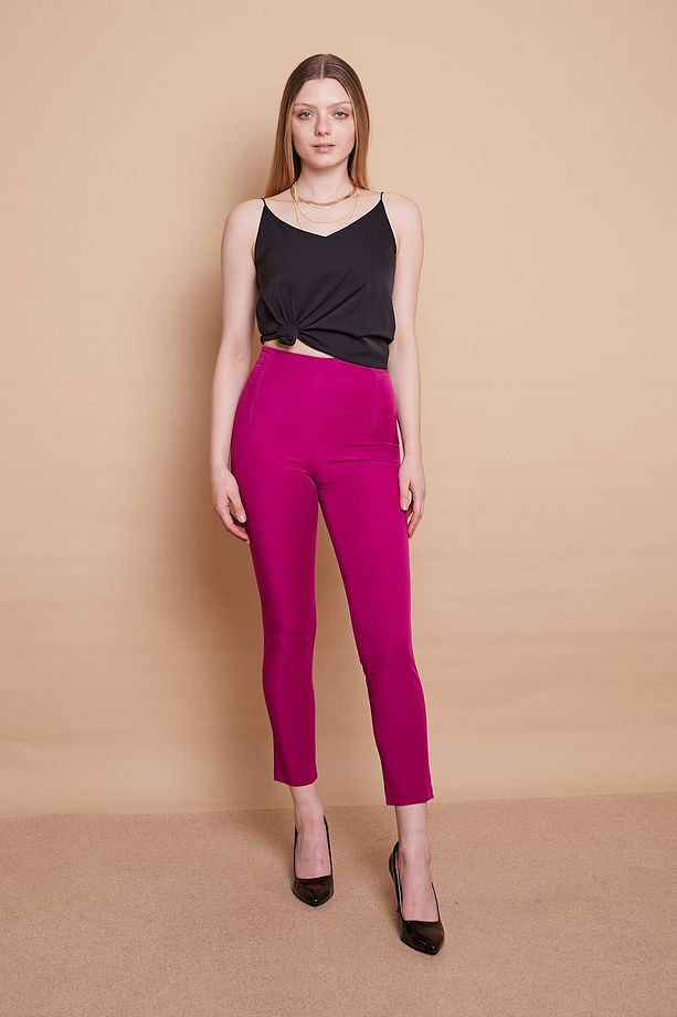 Yüksek Bel Önü Arkası Flatolu Dar Paça Likralı Kumaş Ofis Pantolon-magenta - 1
