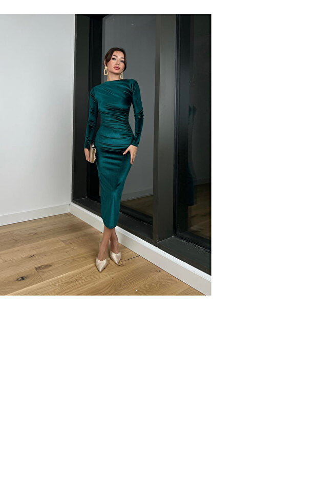 NŐI hosszú ujjú Malenkov bársony ruha drapériás részletekkel - 3