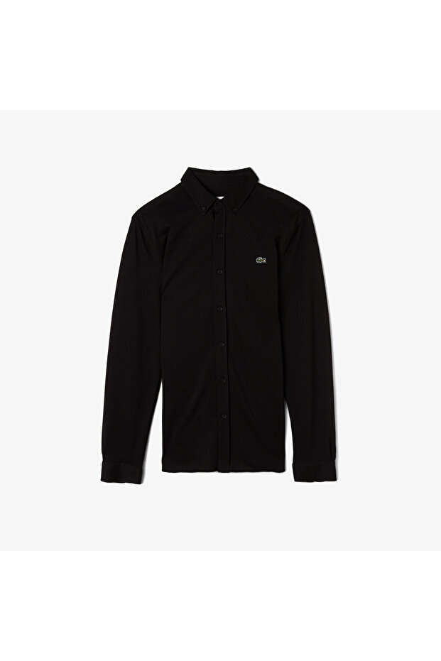 Erkek Slim Fit Düğmeli Yaka Siyah Gömlek - 3
