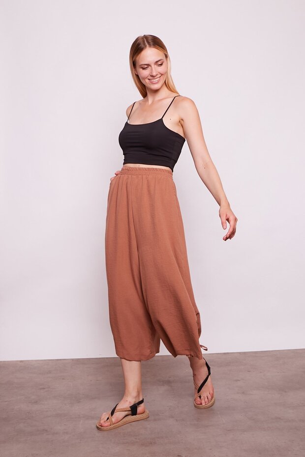 Inner Show-Through Viscose Poplin High Waist Wide Leg Drawstring Trousers -Cinnamon