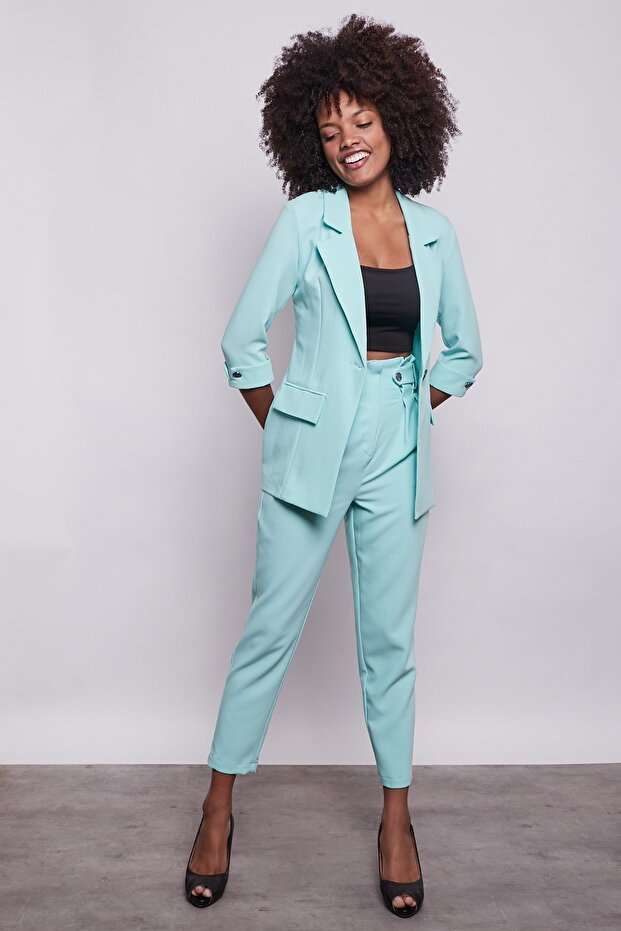 High Waist Belted Stylish Fabric Trousers with Pleats and Button Detail - Mint