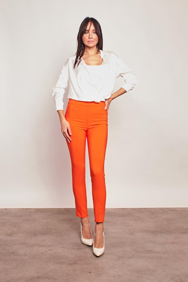 Thick Belted Ornamental Pocket Ankle Length Stretch Fabric Fabric Trousers-Orange