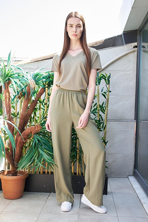 Linen High Waist Elastic Waist Wide Leg Pants with Side Pockets - Khaki
