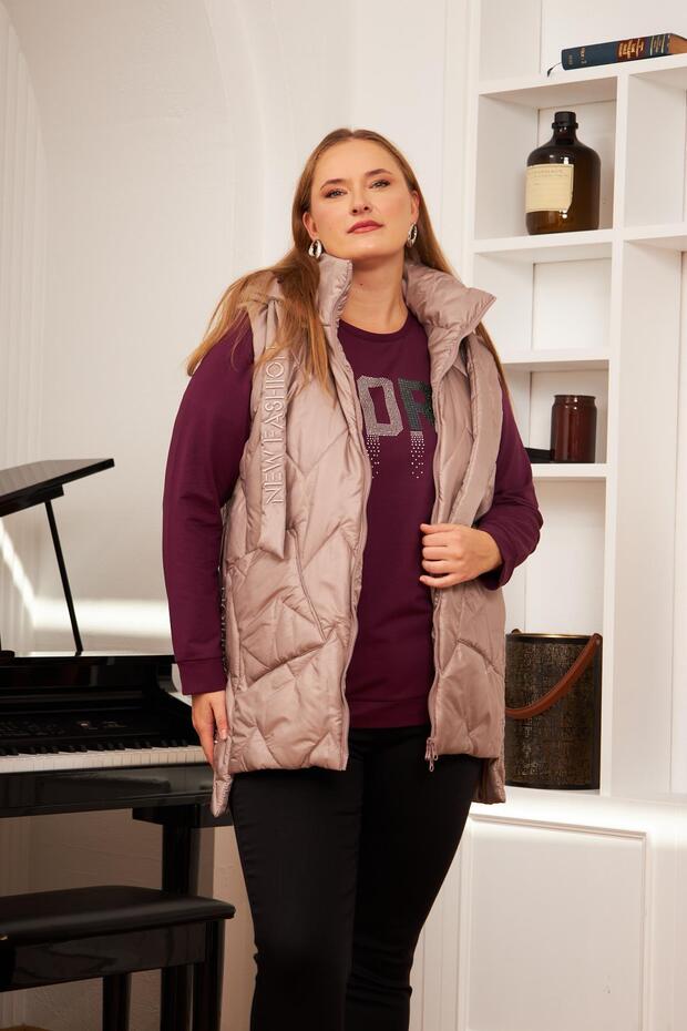 Plus Size Quilted Hooded Vest Mink