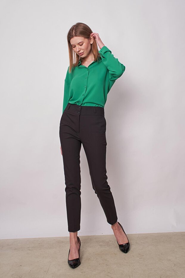 Women's Collared Off-Shoulder Long Sleeve Lycra-Free Fabric Shirt-Green